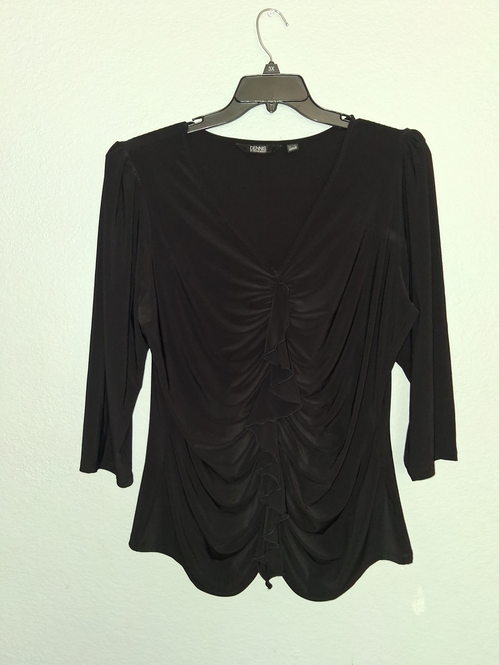 dennis basso Black Ruched V-Neck Women's Top